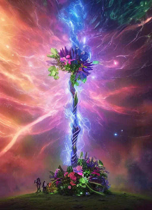 Image similar to An epic fantastic realism comic book style painting of the most beautiful entwined flowers launched across the dark galactic night sky, nebulous bouquets, fisheye, lightning creating life, unreal 5, DAZ, hyperrealistic, octane render, dynamic lighting