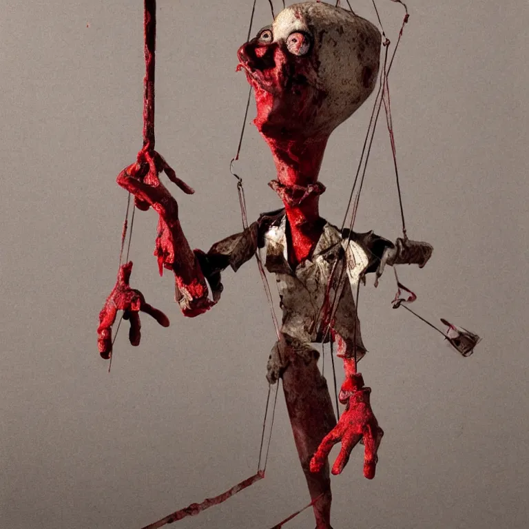 Prompt: a marionette puppet hanging limp with blood running from his eyes, by rutkowski, highly detailed, stark light and shadows