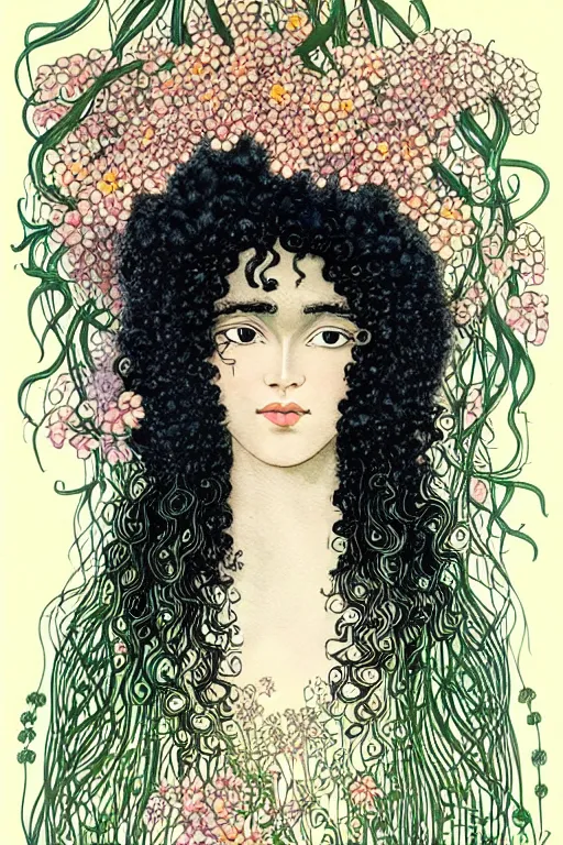 Prompt: realistic face of serene black woman with curly hair with flowers growing around, flower frame, detailed art by kay nielsen and walter crane, illustration style, watercolor