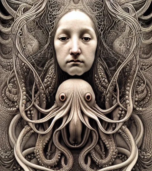 Image similar to detailed realistic beautiful octopus goddess face portrait by jean delville, gustave dore, iris van herpen and marco mazzoni, art forms of nature by ernst haeckel, art nouveau, symbolist, visionary, gothic, neo - gothic, pre - raphaelite, fractal lace, intricate alien botanicals, ai biodiversity, surreality, hyperdetailed ultrasharp octane render