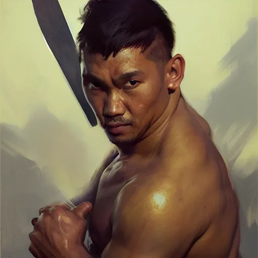 Image similar to greg manchess portrait filipino fighter struck in chestplate with a sword, organic painting, sunny day, matte painting, bold shapes, hard edges, street art, trending on artstation, by huang guangjian, gil elvgren, ruan jia, randy vargas, greg rutkowski