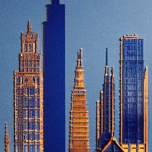 Prompt: A beautiful assemblage of a cityscape with tall spires and delicate bridges. lapis lazuli by David Chipperfield, by Bill Sienkiewicz composed