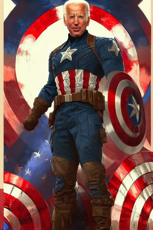 Image similar to Joe Biden as Captain America, western, D&D, fantasy, intricate, elegant, highly detailed, digital painting, artstation, concept art, matte, sharp focus, illustration, art by Artgerm and Greg Rutkowski and Alphonse Mucha