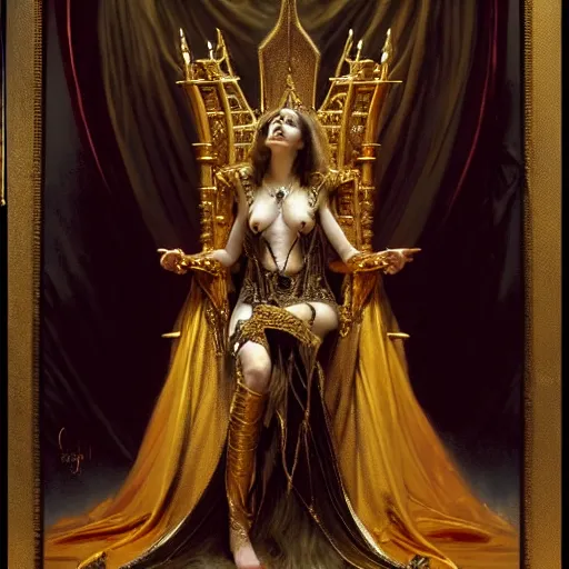 Image similar to full body portrait of beautiful vampire queen in gold gothic robes sitting on a throne of bones, elegant, highly detailed painting by gaston bussiere, craig mullins, j. c. leyendecker, 8 k, mid shot