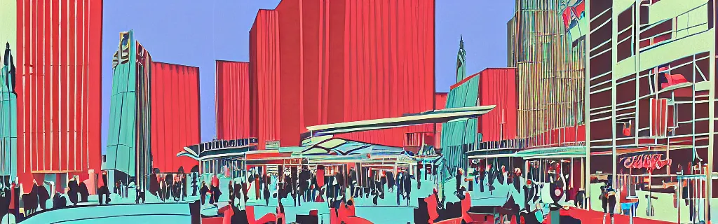 Image similar to coventry city centre, modernism, gouache, animated film, stylised, illustration, by eyvind earle, scott wills, genndy tartakovski, syd mead