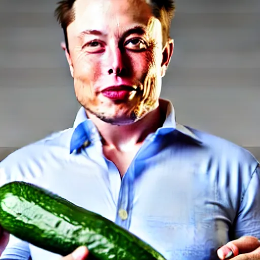 Prompt: a full portrait of elon musk, he presents a cucumber to his employees, f / 2 2, 3 5 mm, 2 7 0 0 k, lighting, perfect faces, award winning photography.