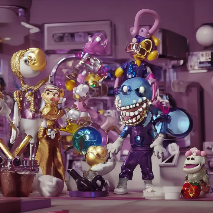 Prompt: jeff koons hip hop bauhaus style street sharks sailor moon wearing diamond grillz and a ton of bussdown iced gold bling in wallace & gromit strata - cut claymation, ultra realistic, concept art, intricate details, serious, highly detailed, photorealistic, octane render, 8 k, unreal engine, art by greg rutkowski