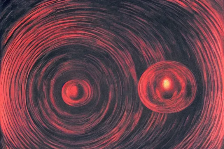 Image similar to painting by h. r. giger, infinite cosmos, blackhole sun, red matter, warp space, sharp focus, unimaginable composition, incredible depth