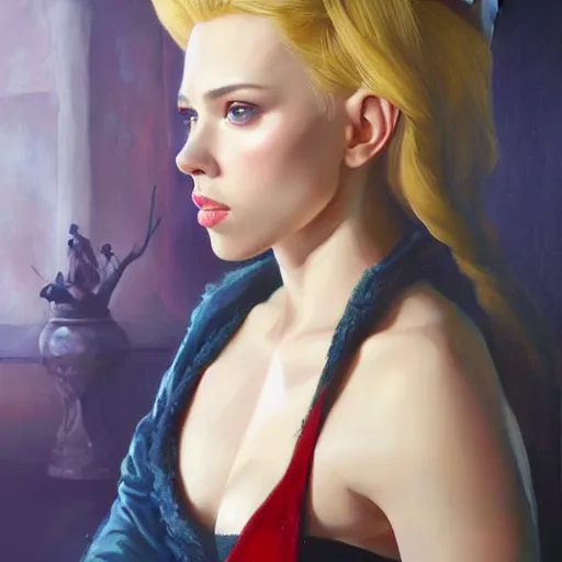 Image similar to a movie still frame, of scarlett johansson as a female elf, oil on linen, beautiful painting, by tooth wu, artgerm, fantasy concept art portrait, by bayard wu,