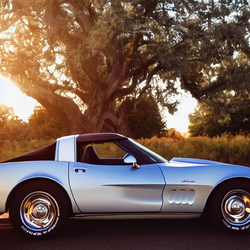 Image similar to corvette with cats sitting in and on the car, cinematic, golden hour, shadows, wide shot