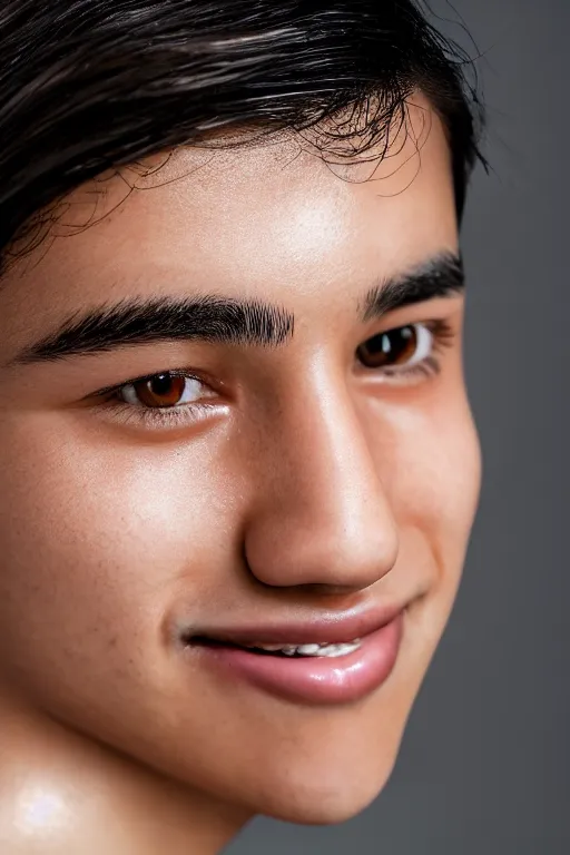 Image similar to close up headshot of an androgynous Hispanic teen with medium length slightly wavy black hair a wide smile brown eyes a small nose tidy plucked eyebrows dark brown eyes and a diamond shaped face, high resolution film still, 8k, HDR color