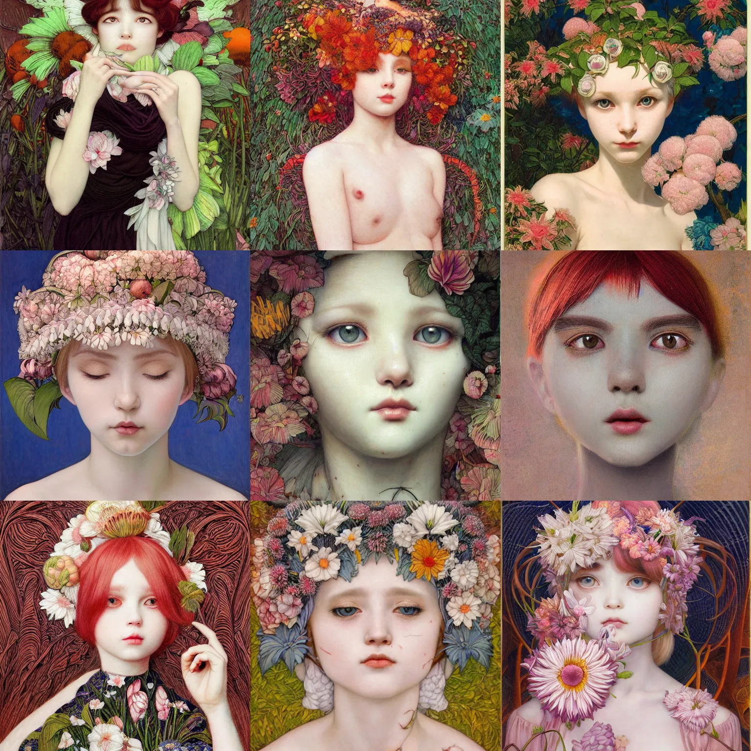 Image similar to white cat girl, botanical, portrait face, colorful, frantisek kupka, intricate, miles johnston, kuroda seiki, cynical realism, ozabu, john william godward, painterly, yoshitaka amano, moebius, miles johnston, louise zhang, james jean, mark ryden lowbrow pop surrealism art style