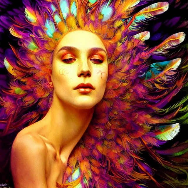 Image similar to face of young psychedelic transcendent feather mind bending psychedelic wings of glossy liquid honey flowing like kaleidoscopic translucent holograph, lsd feathers, feathery fluff, enlightenment, high contrast dappled lighting, refracted sunset, highly detailed, concept art, art by collier, albert aublet, krenz cushart, artem demura, alphonse mucha