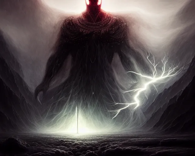 Image similar to at the beginning in norse mythology from the big dark vast emptiness came two realms came into existence, niflheim, and muspelheim, beautiful digital painting in the style of wlop, volumetric lightning, intricate details, ultra realistic, by art germ, by gerald brom, fantasypunk, deep colors, trending cgsociety, artstation, sharp