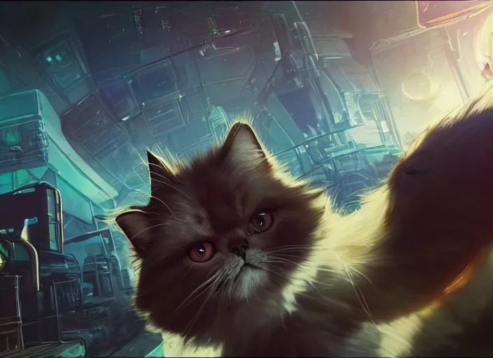 Image similar to low angle shot of a stretching persian cat wearing cyberpunk outfit on a mechanics workbench in a spaceport in a space opera studio ghibli animated film, volumetric lighting, octane render by anime, stanley artgerm lau, greg rutkowski, thomas kindkade, alphonse mucha, loish, norman rockwel, highly detailed