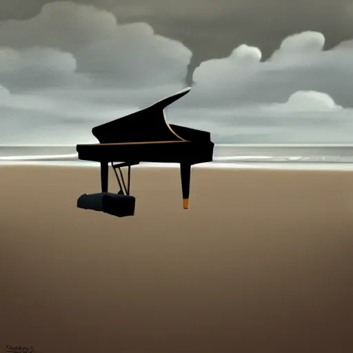 Image similar to a black grand piano on a beach by the waves, lonely, moody, atmospheric, illustration, painting, artstation award, gray flat clouds, misty waves