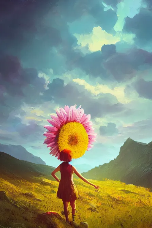 Image similar to giant daisy flower head, girl hiking in the mountains, surreal photography, sunrise, dramatic light, impressionist painting, colorful clouds, digital painting, artstation, simon stalenhag