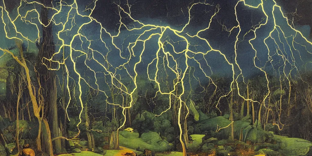 Prompt: a highly detailed color landscape painting of a dense forest by bosch, by giger, by beardsley, lush greenery and lightning bolts coming down from storm clouds in a blue sky