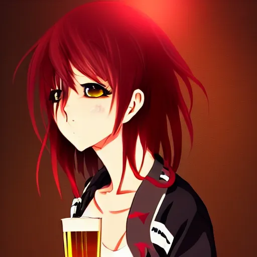 Image similar to Masculine looking anime girl at a bar drinking a beer, warm glow from the lights, angle that looks up at her from below, deviantart, pixiv, detailed face, smug appearance, beautiful anime, obviously drunk with reddish cheeks, detailed anime eyes with pupils