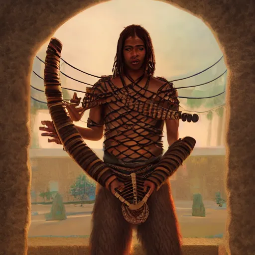 Image similar to Male Human-Naga hybrid bard holding a drum, ornately dressed, standing in populated Baldur\'s Gate city square, hyperdetailed, artstation, cgsociety, 8k