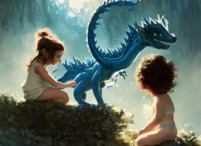 Prompt: a cute little girl with curly brown hair and blue eyes befriends a tiny sparkling blue baby dragon, beautiful fantasy art by greg rutkowski.