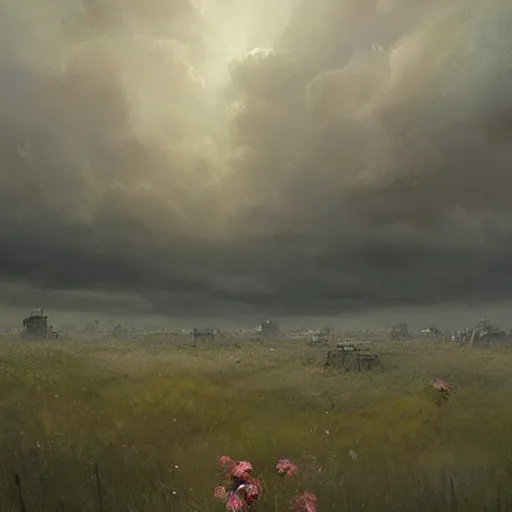 Prompt: Single blue magical flower growing on an ashen field, apocalyptik city, clouded sky, oil painting, by Greg Rutkowski