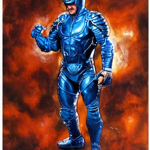 Image similar to sylvester stallone in blue metal cyber suit, art by bisley