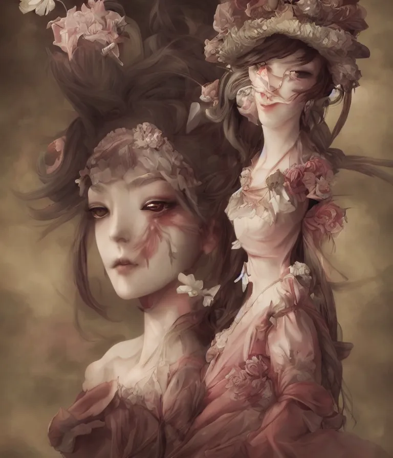 Image similar to anime 3 d art, wlop art, realistic marie antoinette girl painting, japanese street fashion, hyper realism, muted colours, rococo, natalie shau, anime, tom bagshaw style