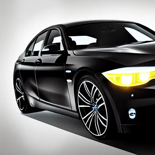 Image similar to product shot of black BMW, neon lights