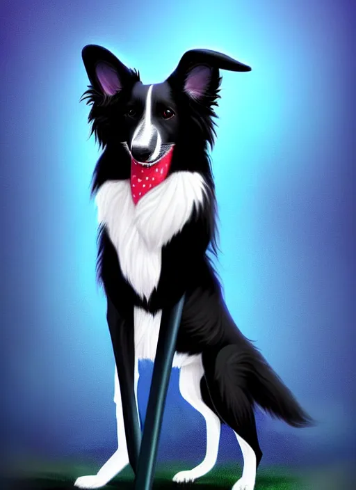 Prompt: full body digital painting of a cute male anthropomorphic border collie fursona wearing a blue dog collar and standing in the rain, beautiful, model pose, realistic proportions, highly detailed, scenic background, trending on artstation, art by charlie bowater and henry asencio and and ross tran