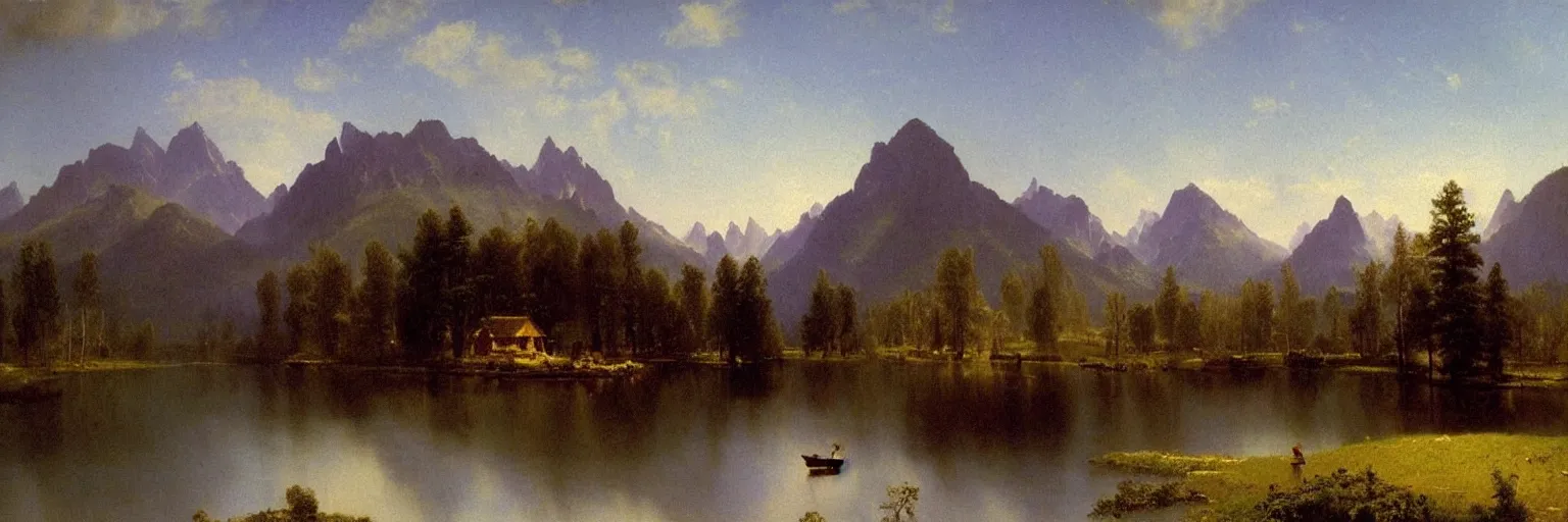 Image similar to beautiful albert bierstadt landscape painting of beautiful mountains and lakes with a mcdonald ’ s fast food restaurant in the scene