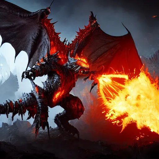 Image similar to 4k unreal engine render of Deathwing spreading his fire in a epic way, dynamic lighting, stunning visuals, cinematic, ultra detailed, trending on art station, fantasy concept art