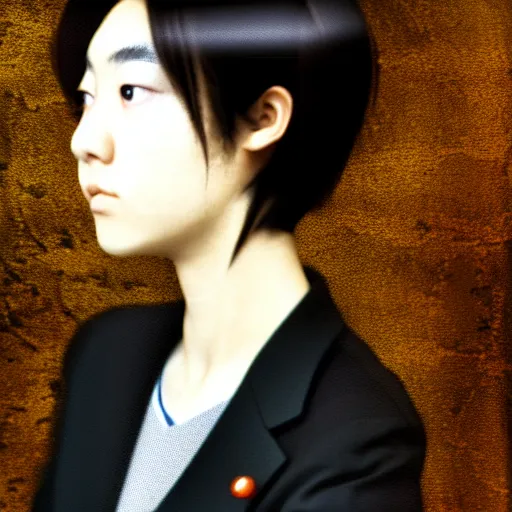 Image similar to yoshitaka amano blurred and dreamy realistic three quarter angle portrait of a young woman with short hair and black eyes wearing office suit with tie, junji ito abstract patterns in the background, satoshi kon anime, noisy film grain effect, highly detailed, renaissance oil painting, weird portrait angle, blurred lost edges