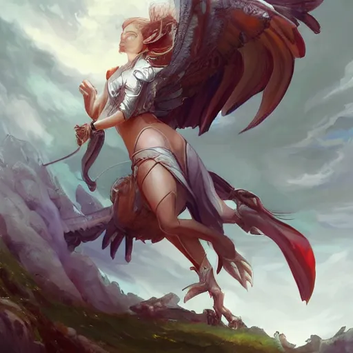 Image similar to Art station concept of a beautiful girl riding a gryphon, symmetrical face, smooth body features, by Stanley Artgerm Lau, WLOP, Rossdraws, James Jean, Andrei Riabovitchev, Marc Simonetti, and Sakimichan, trending on artstation