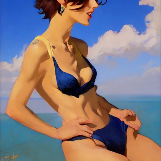 Prompt: greg manchess painting of tracer wearing a 1 9 2 0 s bikini in a beach, medium shot, organic painting, sunny day, bold shapes, hard edges, street art, trending on artstation, by huang guangjian and gil elvgren and sachin teng and artgerm and greg rutkowski and alphonse mucha