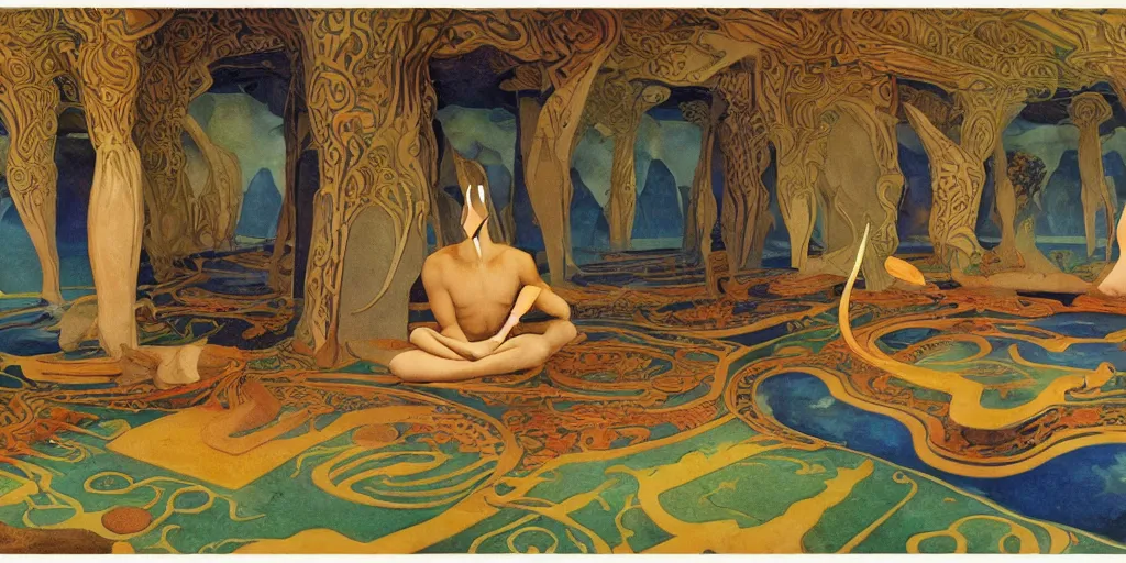 Prompt: a magnificently serene rendering of esoteric ephemera by adolf wolfli, nicholas roerich, jurgen ziewe, judson huss, and roger dean, photo realistic,