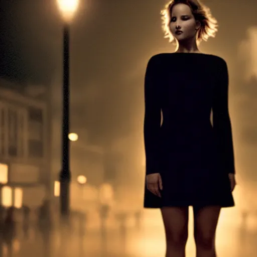 Prompt: cinematic night scene with jennifer lawrence standing under the rain wearing a short black dress, shiny skin, sexy, small details, volumetric light, radiant light