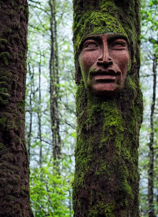 Prompt: photograph of hyperrealistic hyperdetailed ancient face in a tree covered with bark and moss, dark mysterious forest at sunset