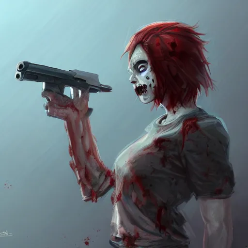 Prompt: a concept art of a boy and a girl with red hair holding a gun, zombie apocalypse, highly detailed, digital painting, artstation, concept art, smooth, sharp focus, illustration