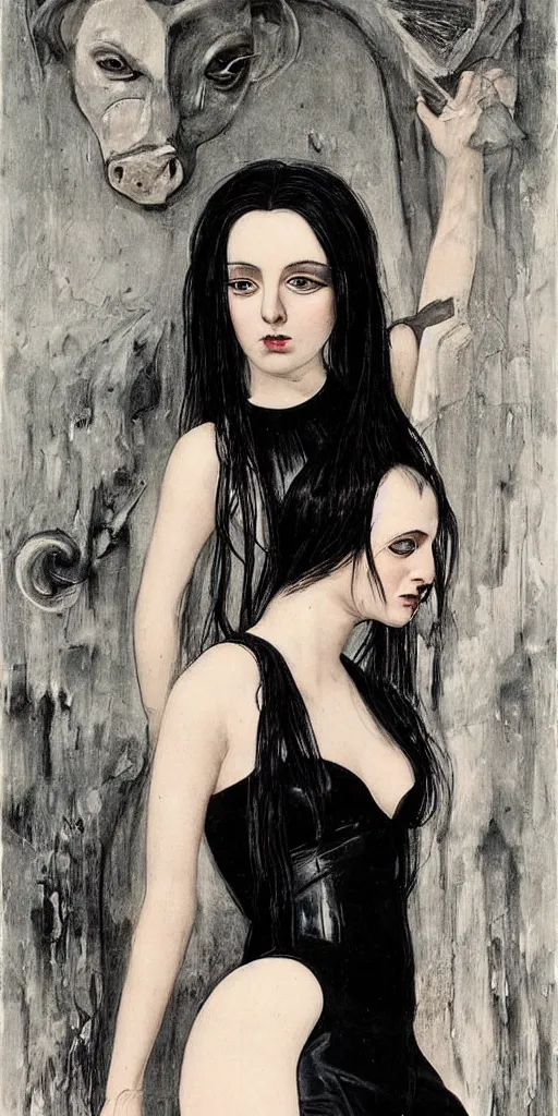 Prompt: a young beautiful woman by h. r. giger her hair is dark black pig tails, she has large entirely - black eyes and a smirk on her face, she is wearing a white tank low v top, a white short wet skirt, a black choker, and black open toed heels, gorgeous face