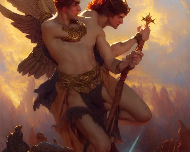 Image similar to attractive pagan male deity, summons handsome lucifer morning star. highly detailed painting by gaston bussiere, craig mullins, j. c. leyendecker 8 k