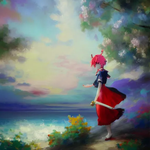 Image similar to Beautiful abstract impressionist painting of Kirisame Marisa from the Touhou project waving from afar, touhou project official artwork, danbooru, oil painting by Antoine Blanchard, wide strokes, pastel colors, soft lighting sold at an auction