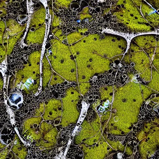 Image similar to moss and lichen dotted biomechanical trees growing on junkyard heaps of electronics and automobile scrapyards amongst puddles of glistening oil