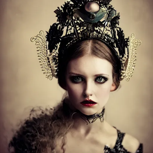 Image similar to a portrait of female model by anka zhuravleva and peter kemp, dark fantasy, ornate headpiece, dark beauty, photorealistic, canon r 3,