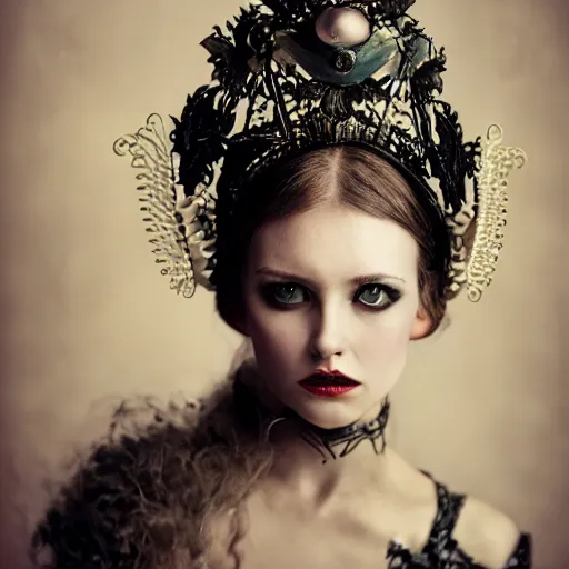 Prompt: a portrait of female model by anka zhuravleva and peter kemp, dark fantasy, ornate headpiece, dark beauty, photorealistic, canon r 3,