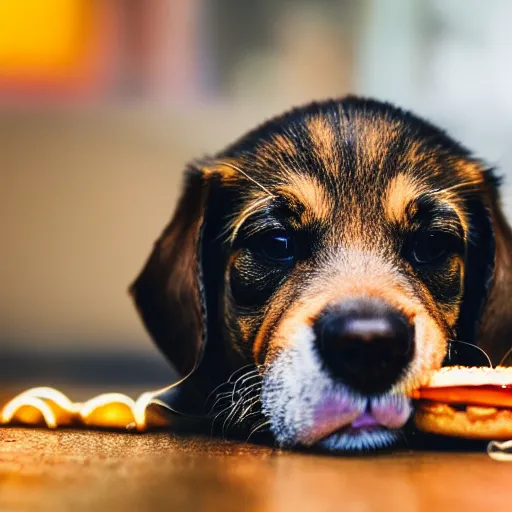 Image similar to macro image of a super cute dog puppy that is eating a cheeseburger