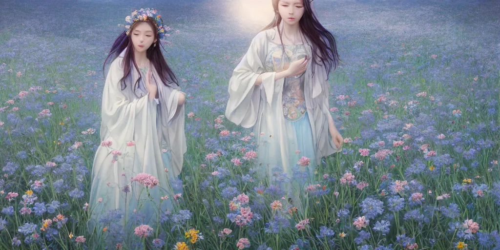 Prompt: breathtaking detailed concept art painting of walking in meadow goddess of light blue flowers, orthodox saint, with anxious, piercing eyes, ornate background, amalgamation of leaves and flowers, by Hsiao-Ron Cheng, James jean, Miho Hirano, Hayao Miyazaki, extremely moody lighting, 8K