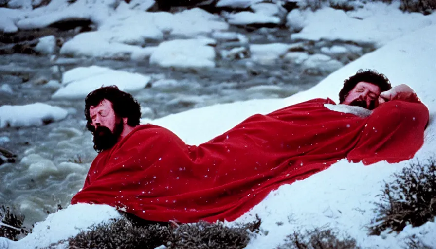 Image similar to 1 9 6 0 s movie still close up of marcus aurelius tired in a red royal toga frozen to death under the snow by the side of a river with gravel, pine forests, cinestill 8 0 0 t 3 5 mm, high quality, heavy grain, high detail, texture, dramatic light, anamorphic, hyperrealistic, detailed hair, foggy