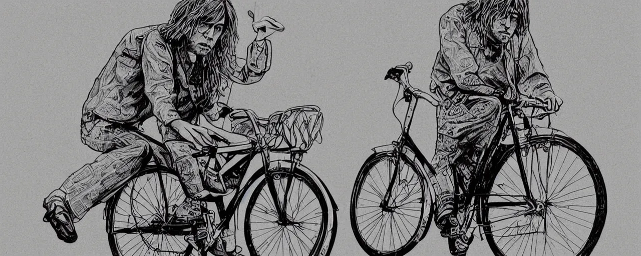 Image similar to beautiful detailed comic illustration of Kurt Cobain on a bicycle on a bicycle, colored