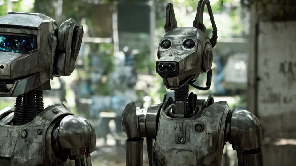 Prompt: film still from the movie chappie of the robot chappie outdoor scene furry anthro anthropomorphic stylized wolf dog canine ears head android service droid robot machine fursona